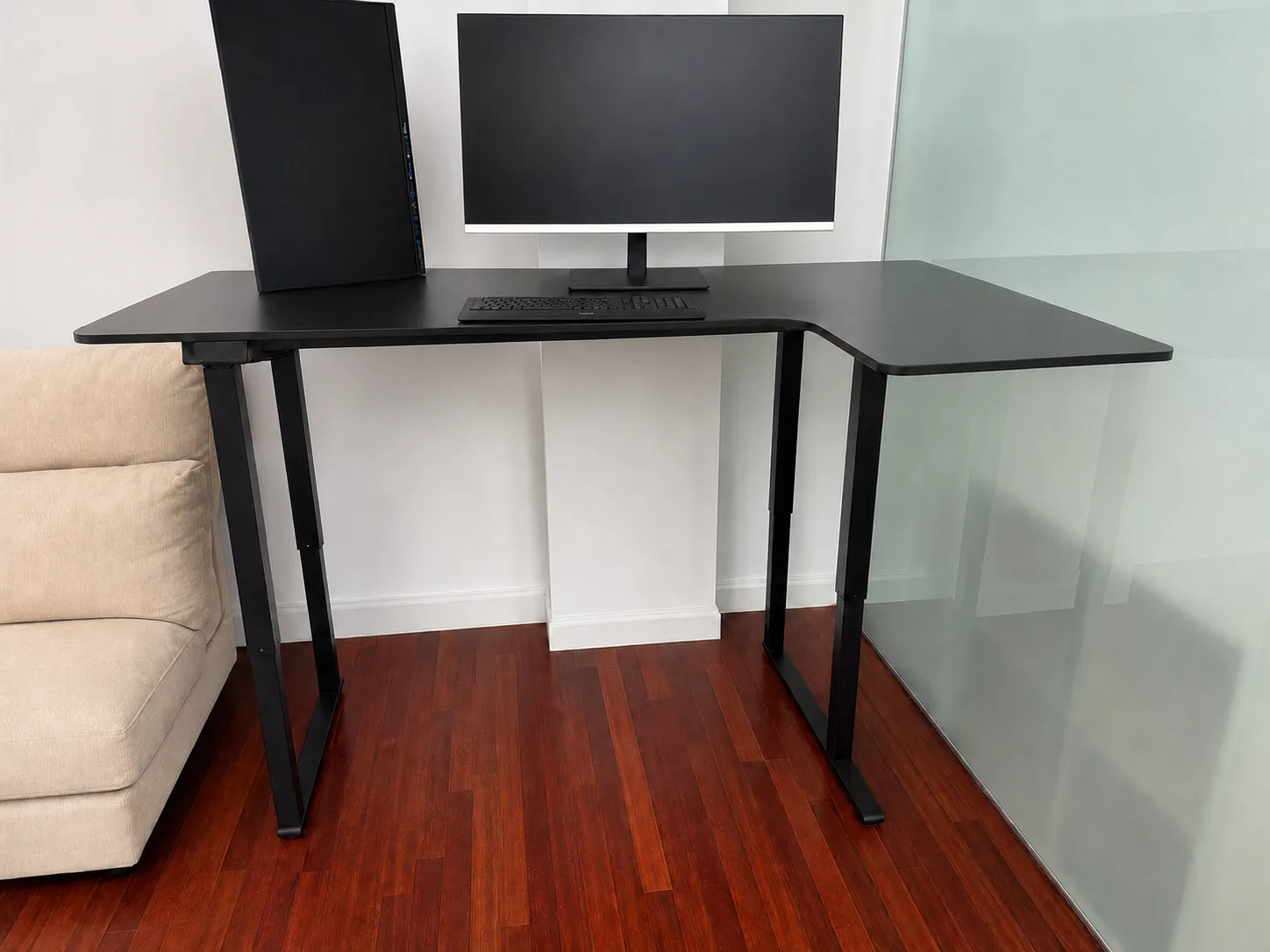 2 x SANODESK QS2 electric standing desk 180 x 110 cm, black, RIGHT-hand L shape, 2 motors, 4 legs, memory presets. Price is PER DESK, buy one or both, photo 1