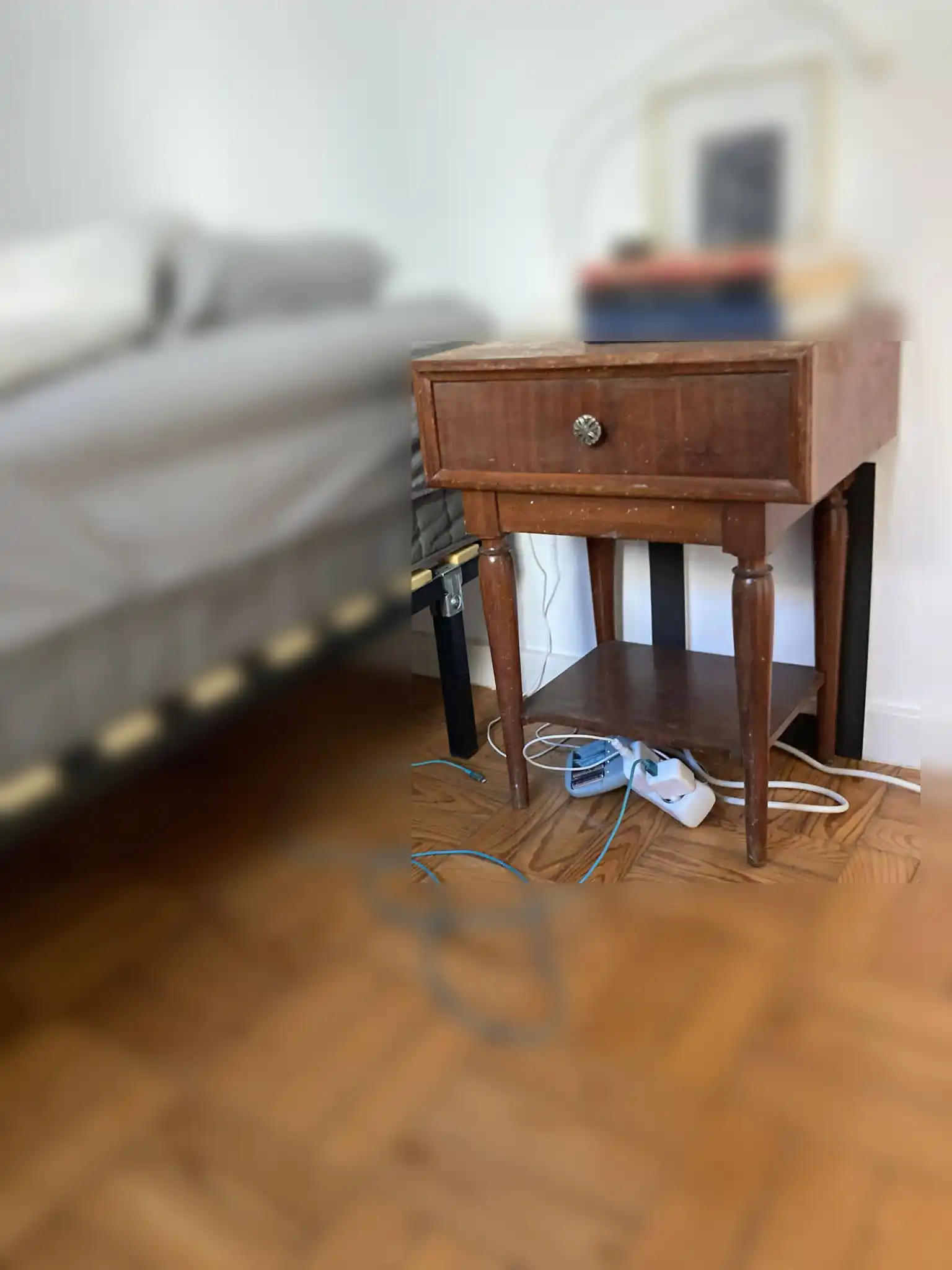 Retro beside table with one case and one shelf