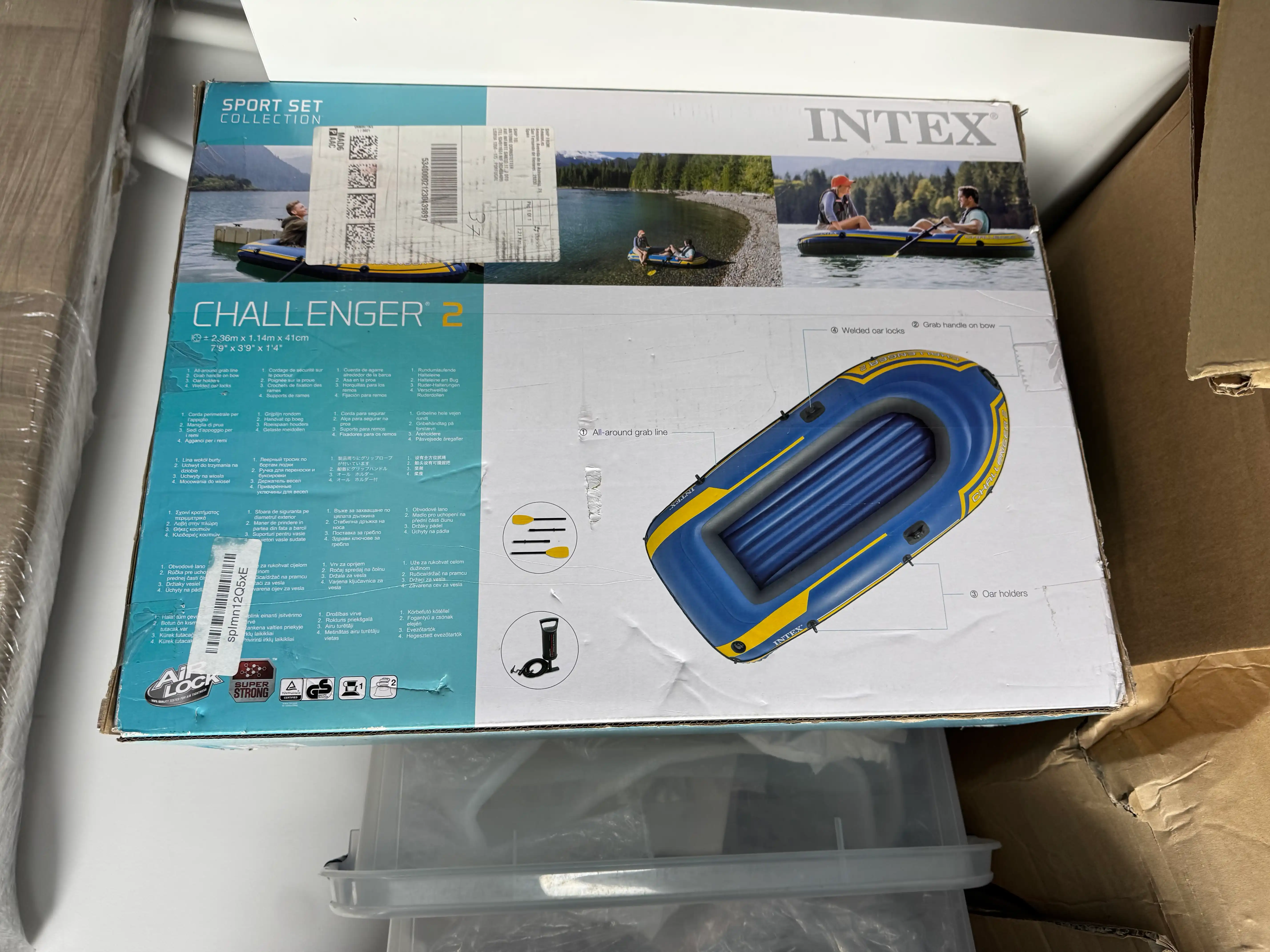 Intex Challenger 2 inflatable boat for 2 people, BRAND NEW never opened in its sealed box, 236 x 114 x 41 cm, with 2 oars, pump and repair kit (68367), for calm water only