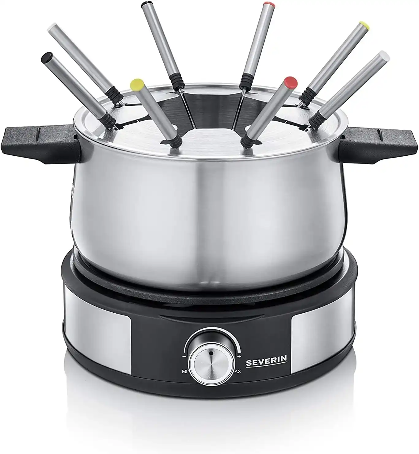 Severin FO 2471 crêpe maker and fondue set 2-in-1, 1500 W, non-stick crêpe plate and 1.4 L stainless steel pot, 8 colour-coded forks, for 8 people
