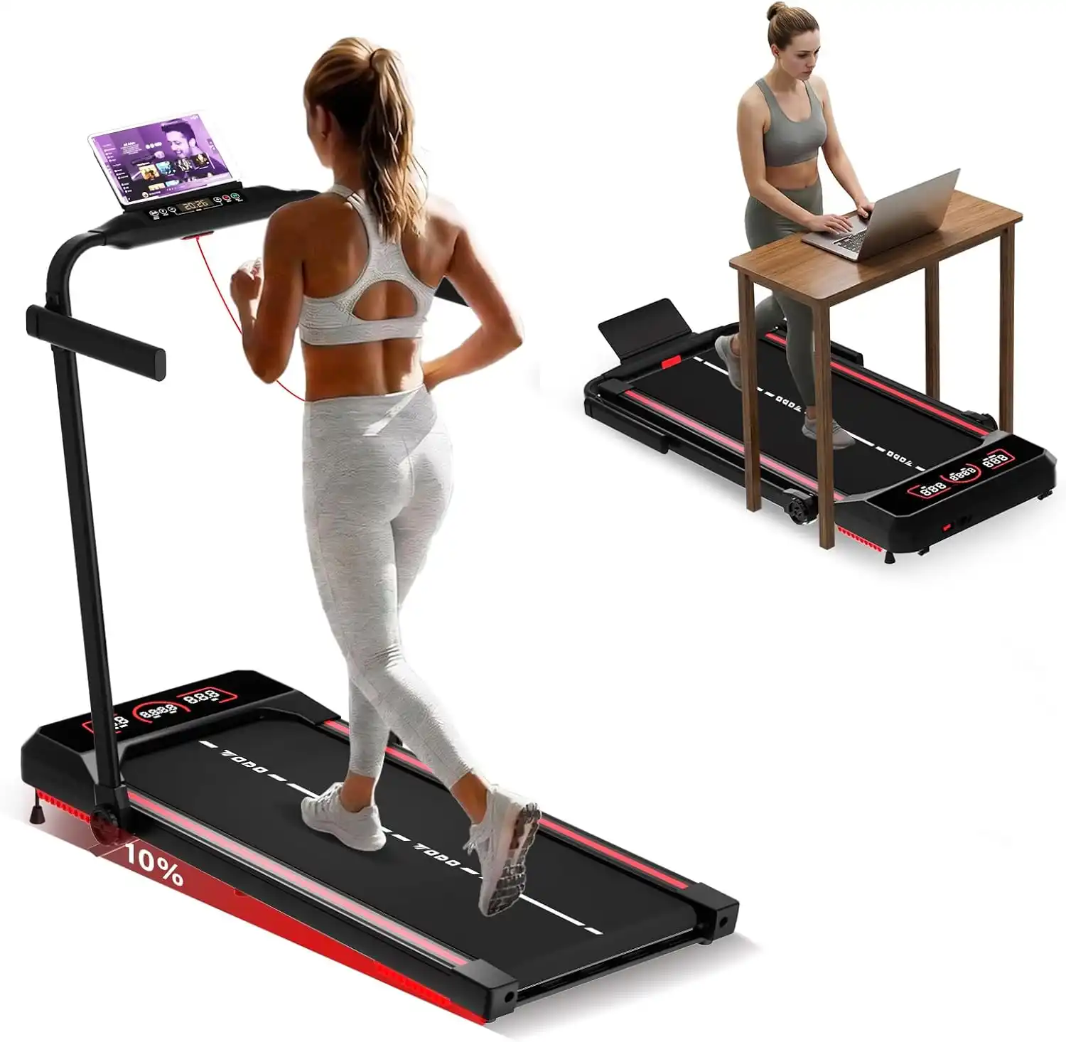 Electric walking pad treadmill with incline, 1-6 km/h, 2.5 HP, remote control and app, 120 kg
