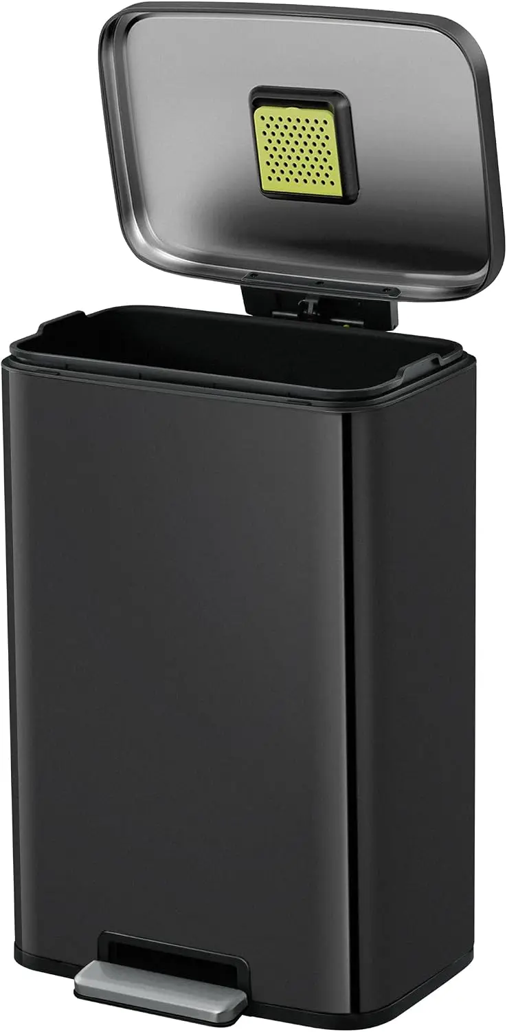 EKO Madison 50 L kitchen pedal bin, matt black stainless steel, soft close and stay-open lid, 42.5 x 36.5 x 64.6 cm