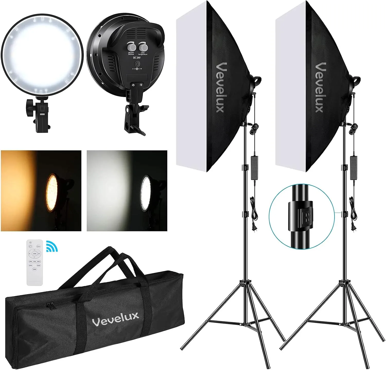 Vevelux Softbox Lighting Kit, 2 lights of 48W, 50x70 cm softboxes, adjustable 3000K-5500K with remote