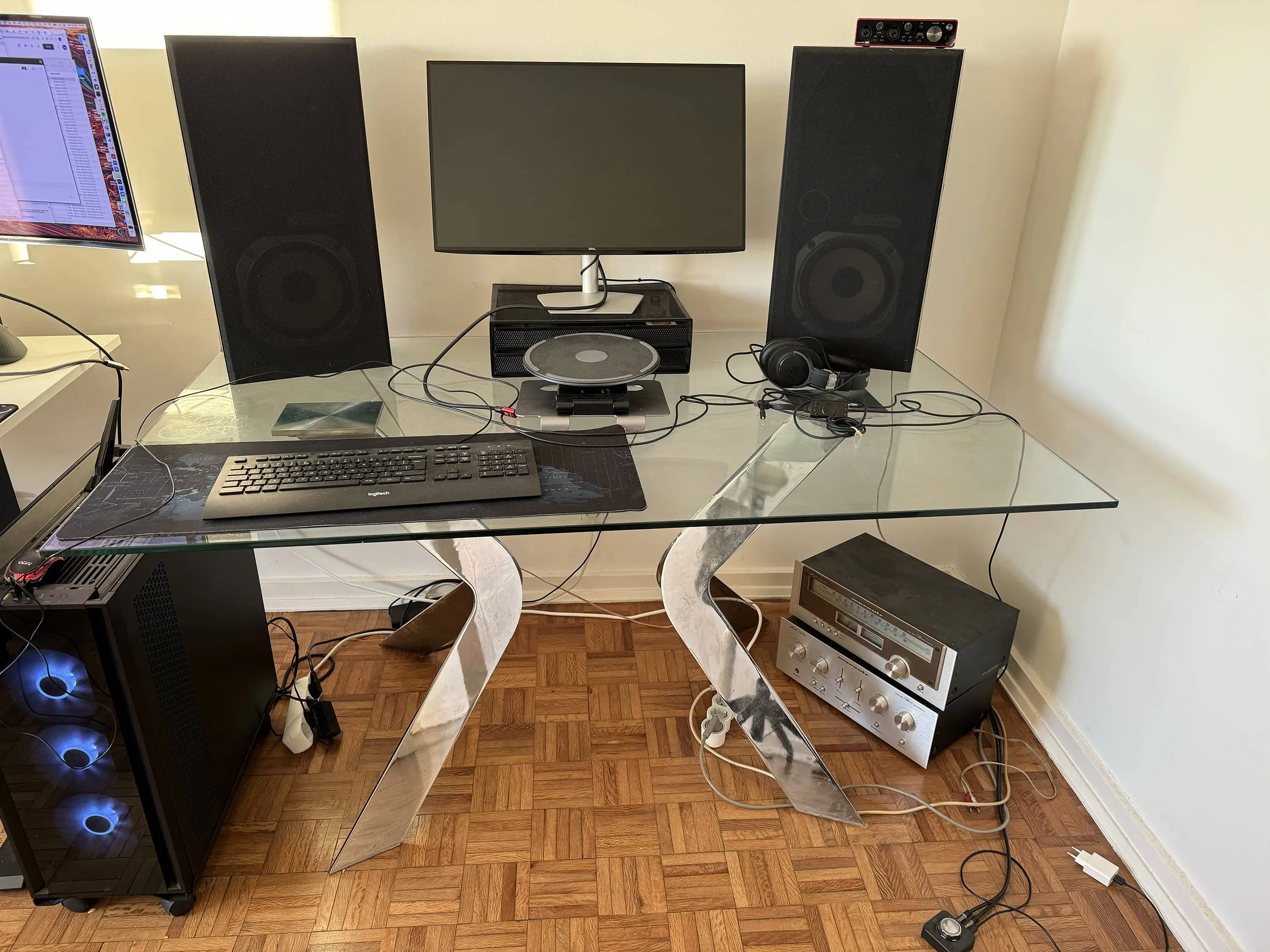 Glass table W 150 cm x L 90cm x H 76 cm with metal legs on sides, photo 2