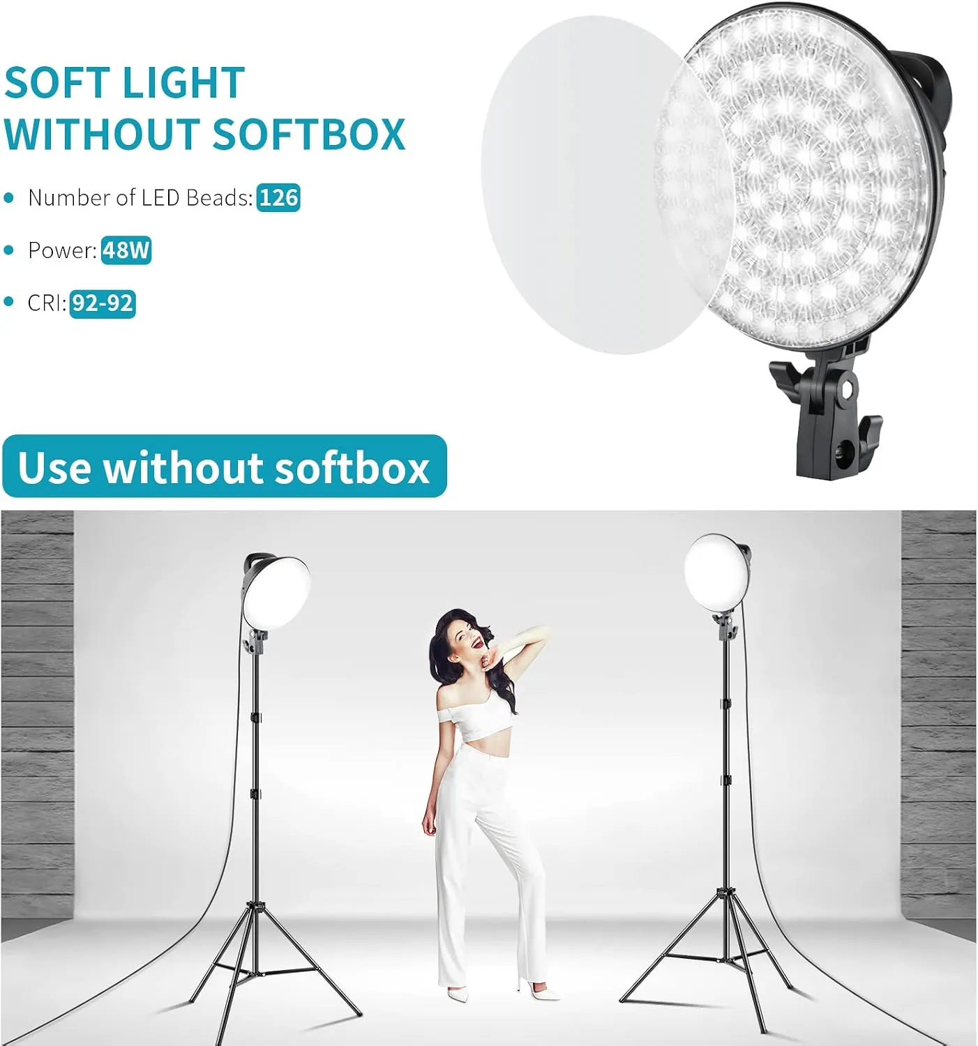 Vevelux Softbox Lighting Kit, 2 lights of 48W, 50x70 cm softboxes, adjustable 3000K-5500K with remote, photo 2