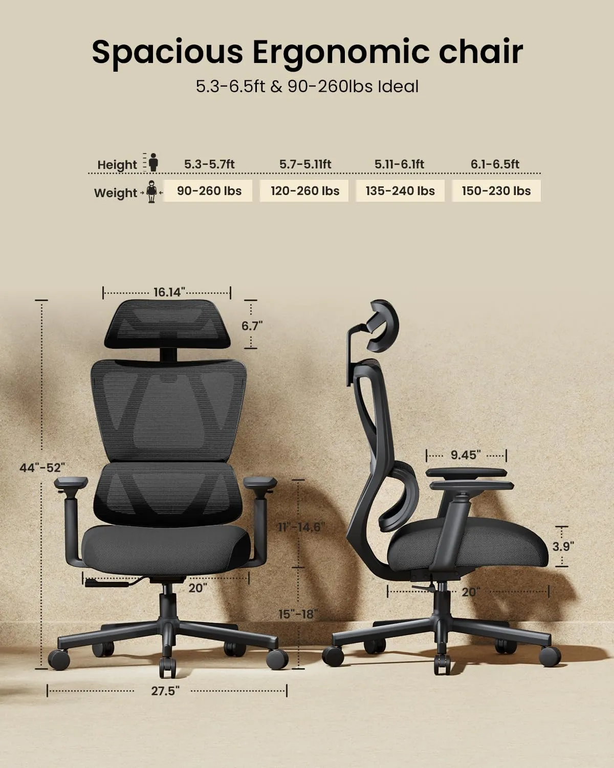ProtoArc EC100 Ergonomic Office Chair, 10 cm spring cushion, lumbar support, adjustable headrest, black, photo 2
