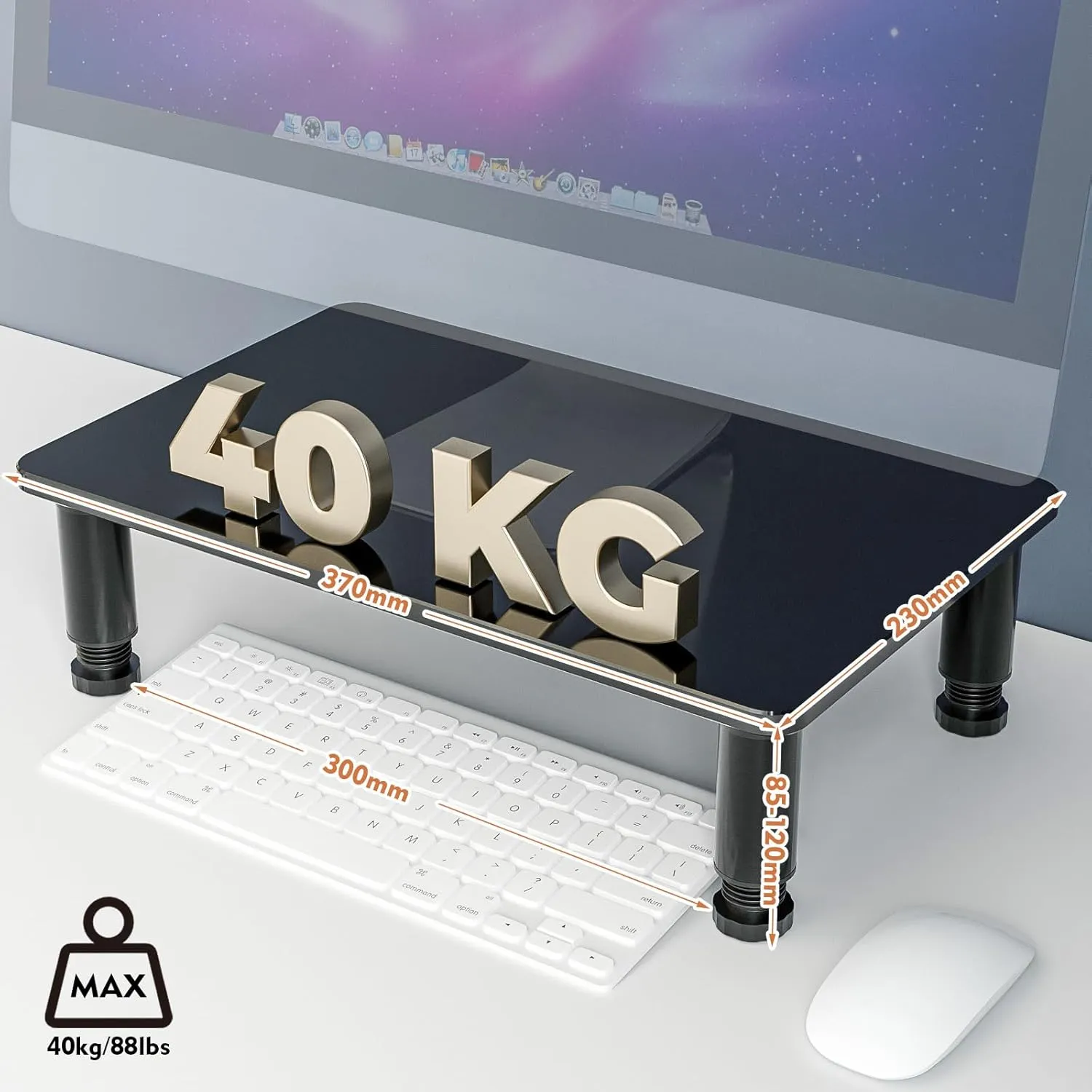 Hemudu Monitor Riser Stand, adjustable height 8.5-12.5 cm, tempered glass 38 x 24 cm, holds 40 kg, 2 available, photo 3