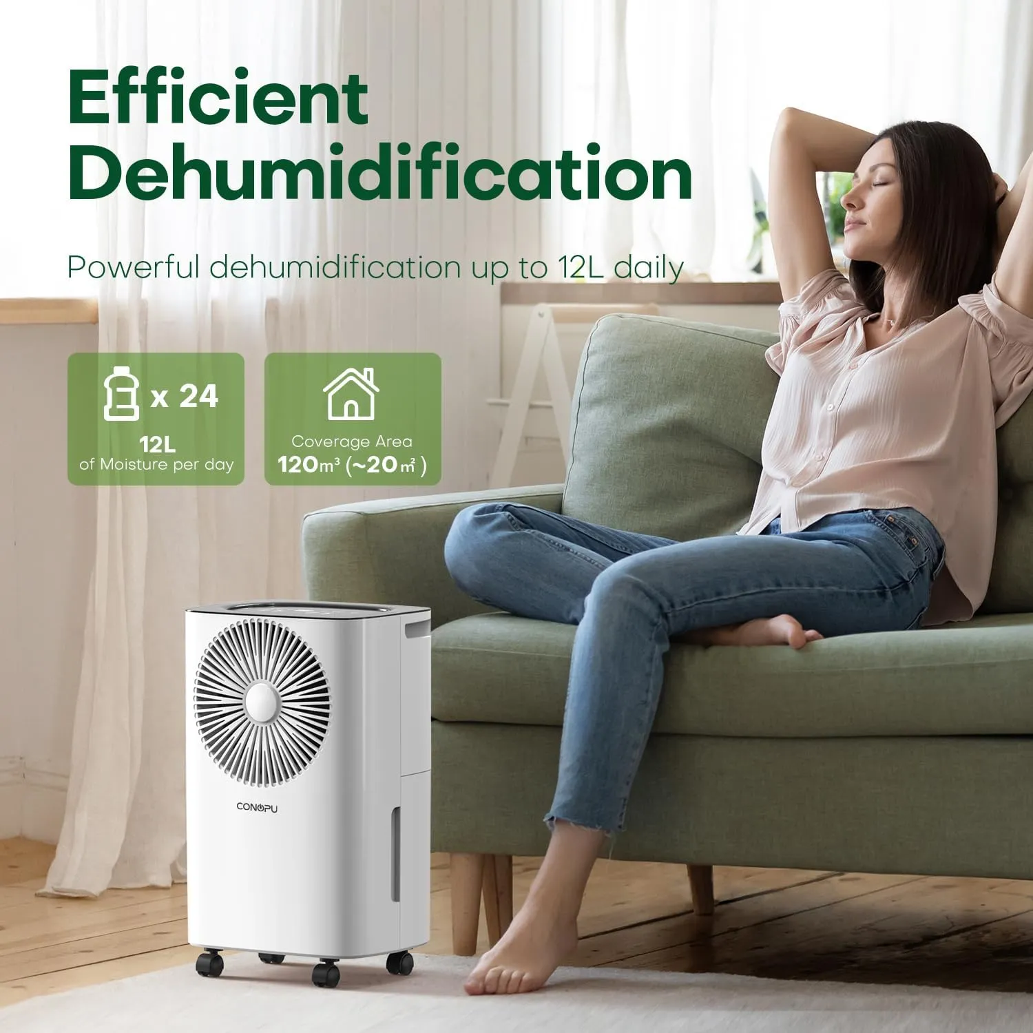 CONOPU Dehumidifier 12 L/day, continuous drain, auto mode, sleep mode, 24h timer, photo 3