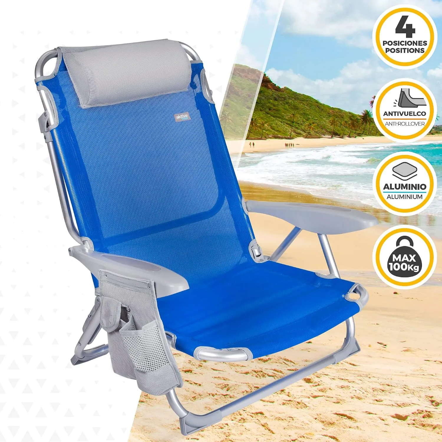 Aktive folding beach chair, blue, aluminium and textilene, 4 reclining positions, low 17 cm seat, cushion and side pocket (ref 62609), photo 3