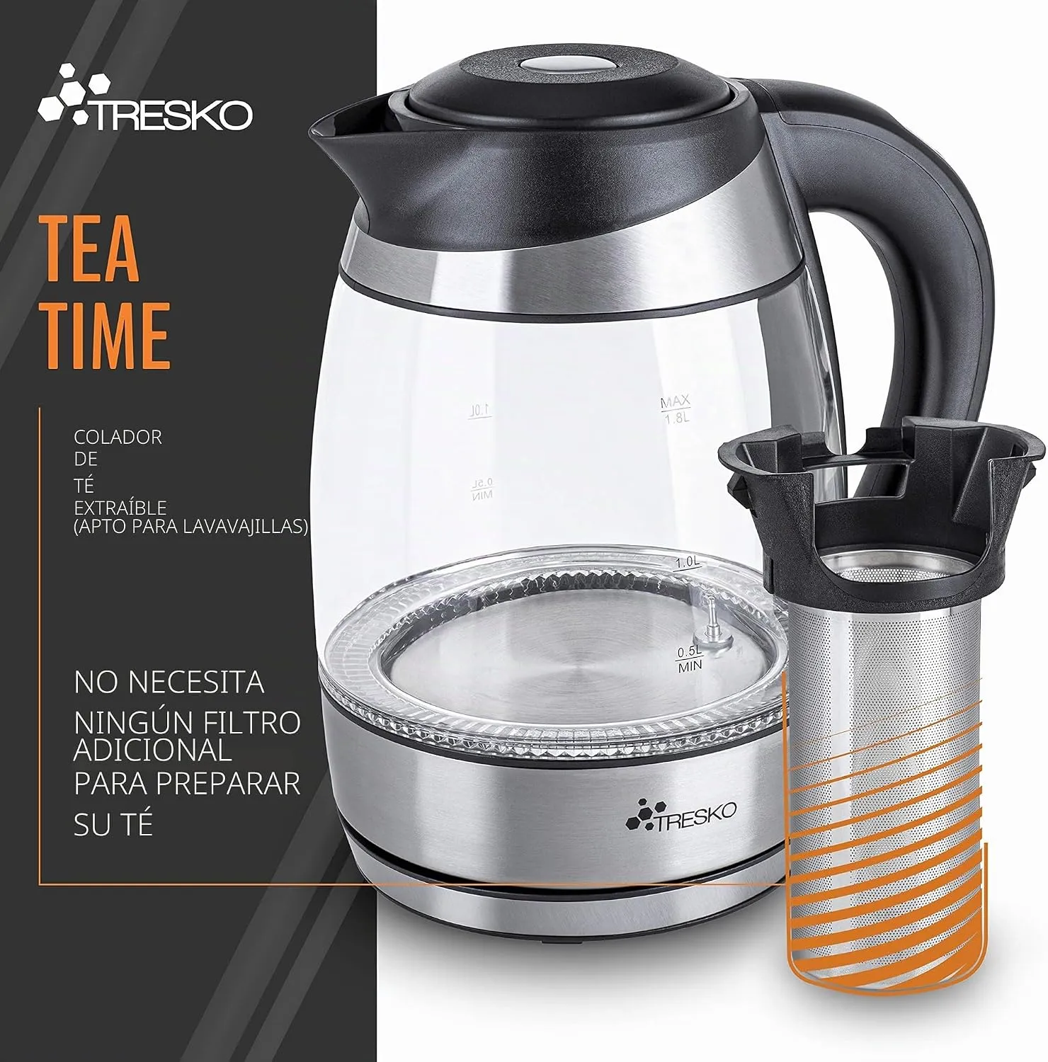 TRESKO Glass Kettle 1.8 L, 2200 W, adjustable temperature 60-100 C, tea filter and limescale filter, LED, photo 4