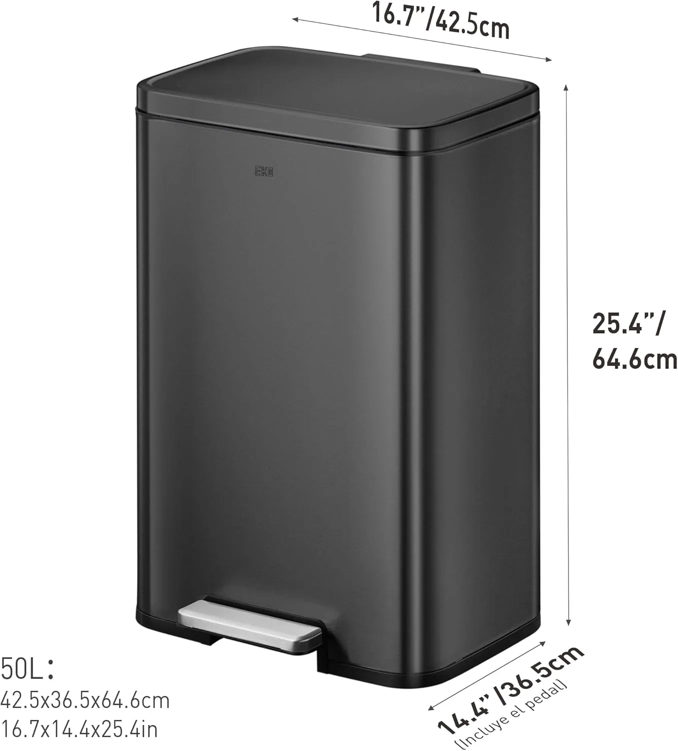 EKO Madison 50 L kitchen pedal bin, matt black stainless steel, soft close and stay-open lid, 42.5 x 36.5 x 64.6 cm, photo 4